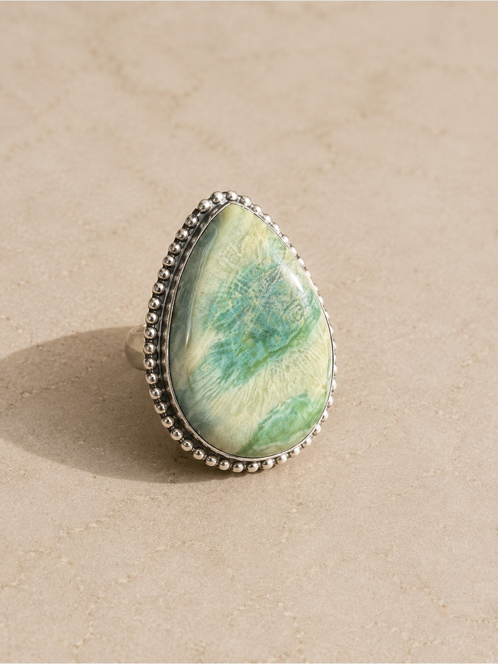 Sterling Silver Moss Agate Statement Ring Green Teardrop Gemstone Ring size 9